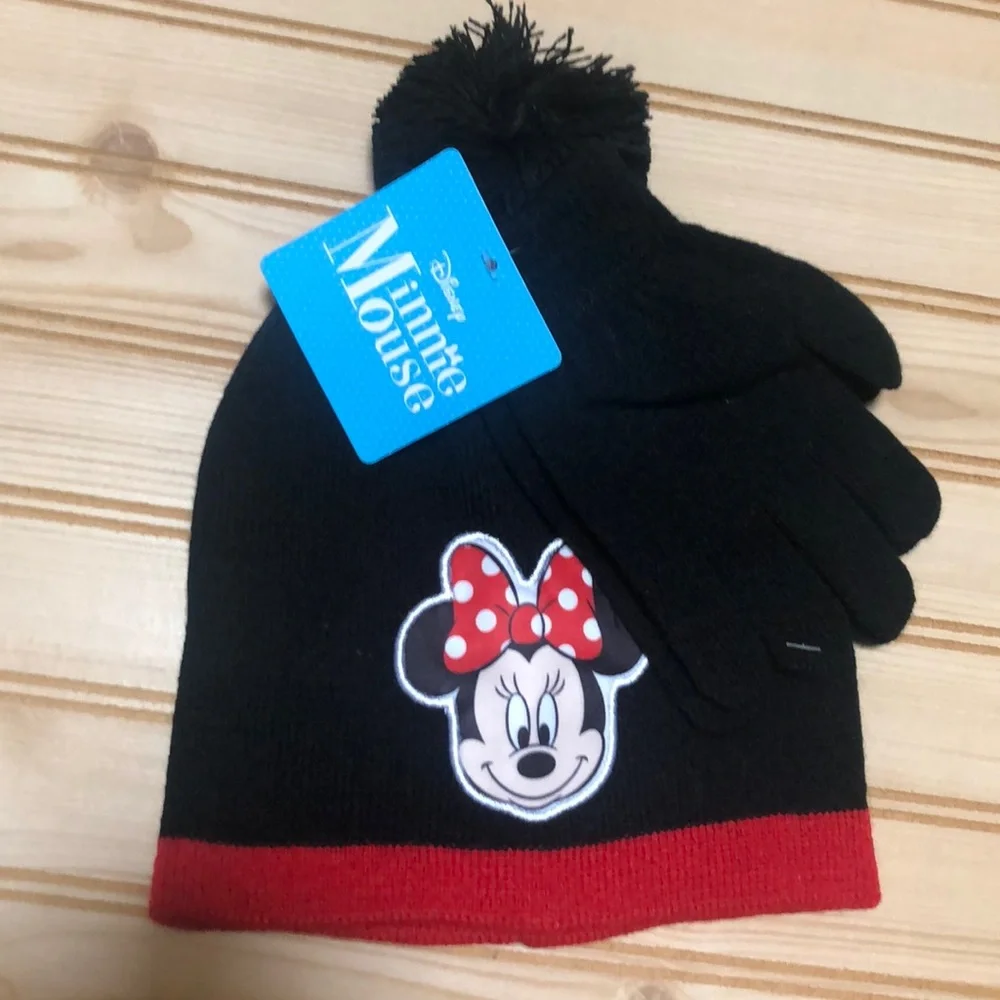 Minnie‎ Mouse Black Red Pom Pom Hat Glove Set NWT